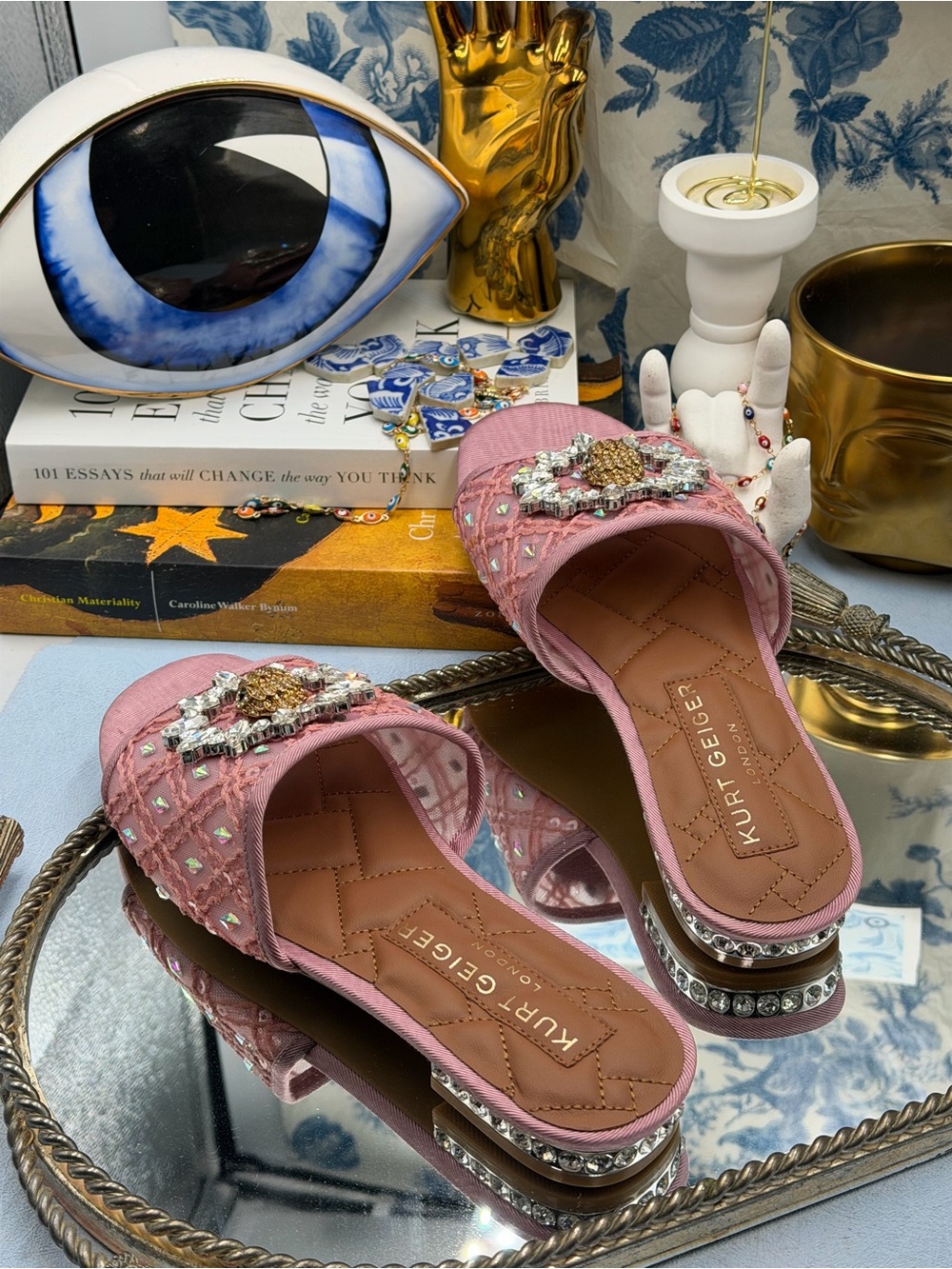 🆕 KURT GEIGER LONDON 🧿 NWOB Chelsea Flat Sandal, Pink Mesh Crystal, Sz 37 US 7 - Picture 10 of 14